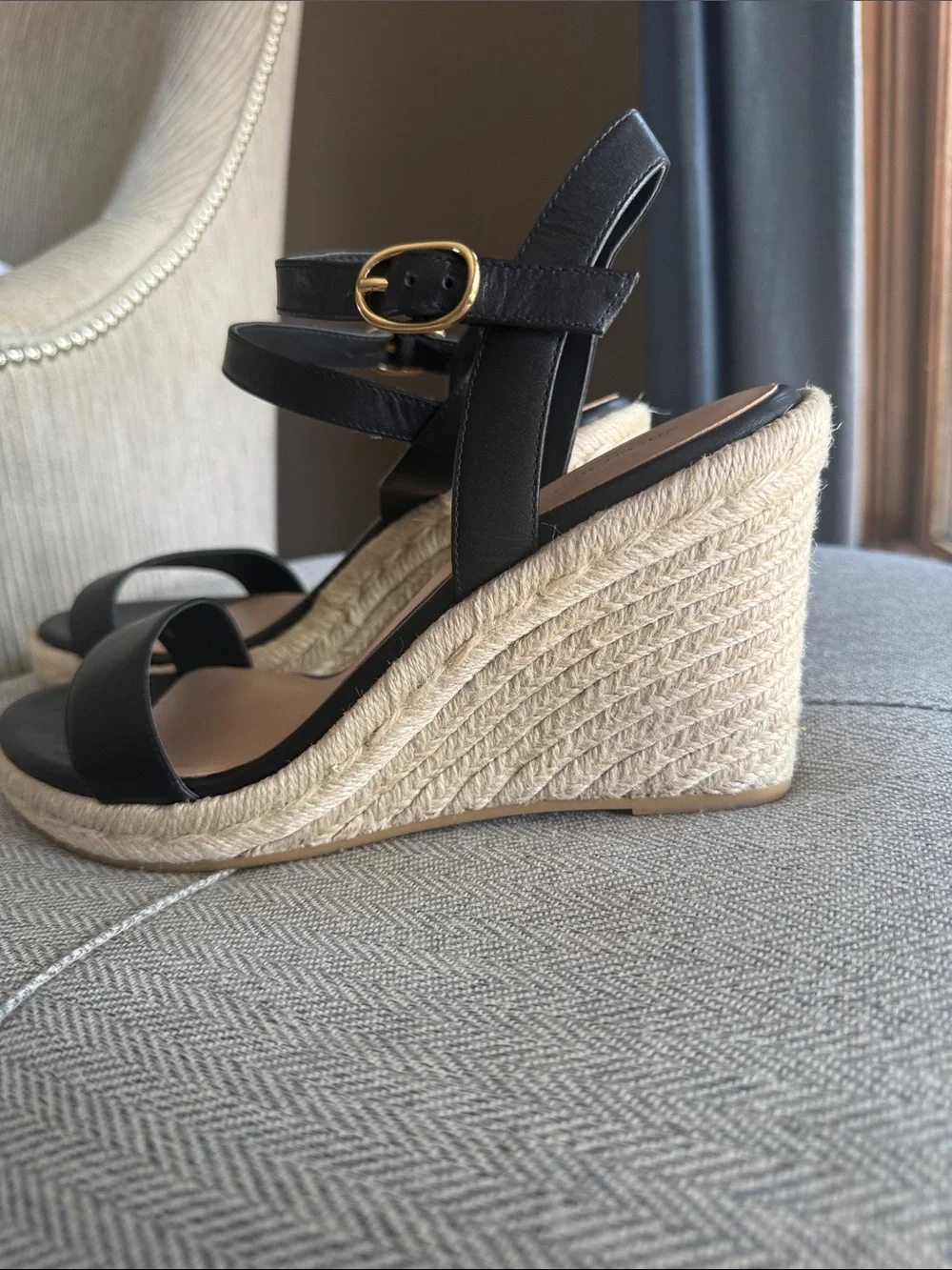 Stuart Weitzman Black Leather Espadrille Wedge Sandals